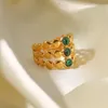 INS Internet Celebrity Ring com o mesmo estilo, 18k Gold Set com anel de pedra verde de pavão, anel aberto de aço inoxidável, acessório de anel