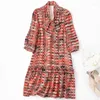 Casual Dresses Elegant Fashion for Women 2024 Summer Bow Three Quarter Sleeve Ruffles Real Silk Women's Red Vintage Print Dress