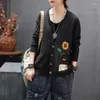 Women's Knits Artistic Style V-neck Embroidered Knitted Cardigan Spring Autumn Loose Solid Button Long Sleeved Sweater Casual Coat