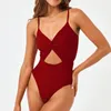 Women's Swimwear 2024 Solid Color High Waist Hollow Out Bikini Red One Piece Swimsuit Women Sexy V-neck Suspender Backless Monokini Y260