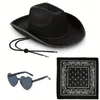 Berets Roleplay Cowboy Hat для женской западной пастушки Headscarf Head Sunglasses Bachelorettes Costume Set 3pcs