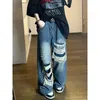 Kadınlar Kot Sıkınmış Yama Yırtılmış High Street Retro Tasarım Gevşek Düz Geniş Bacak Pas Pantolonu