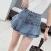 Mode ruffles denim kjolar sommar kvinnor hög midja fodrad jean mini casual solid koreanska flickor 240416