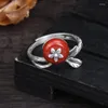Rings de cluster Rings de ágata vermelha do sul anel de flor s925 pura prata retro tailandesa com comida étnica de estilo étnico