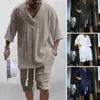 Men's Tracksuits Men Crochet Knitting Outfit T-shirt Shorts Set Summer V-neck Drawstring With Pockets For Casual