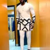 African Traditional Men Suit Printed Shirt Top Elastic Waist Pants White Wedding 2 Piece Set Outfits Ethnic Style Costumes 240407