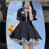 Casual Dresses Korean Kawaii Lolita Dress Women Goth Harajuku Cute Lace Black Puff Sleeve Short Clothes Summer Cozy Y2k Diess