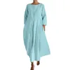 Casual Dresses Vintage Cotton Linen Long For Women Summer Solid Color 3/4 Sleeve Boho Maxi Dress Pocket Loose Tank Plus Size
