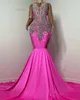 Hot Pink Sier Rhinestone Prom Blackgirl Mermaid Party Dress Women Elegancki koralik Patrz przez formalne suknie