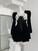 Abiti casual Donne Donne inverno Elegante Black A-Line Mini vestito Collar Korean Square Patchwoark Fairy Bithday Velvet Velvet Prom Horo