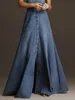 Fashion Women Denim Tank Dress Vintage Square Collar Waisted Sundress Summer Buttons Maxi Dress Holiday Solid Robes 240408