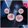 Boucles d'oreilles en lustre en peluche cwwzircons imitation de coeur rose imitation perle cubic zirconia pour les femmes de fiançailles