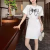 MM Family 24SS New Creat Bow Decoration Off the Weist Short Sleeve Dress Frasnable and Propelivery