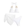 Costumi da bagno femminile a colori bianchi a 3 pezzi per donne sexy spiaggia galza in metallo anello in bikini abito da bagno senza schienale 2024 estate