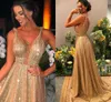 Sparkling Gold Sequined Women Prom Dresses Sexy Spaghetti Straps V Neck Plus Size Evening Gowns Backless Sweep Train Formal Party Birthday Occasion Dress CL3490