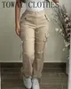 Pantalon féminin Fashion Multi Pocket Side Safari style élastique taille droite longue automne d'hiver d'été large pantalon cargo