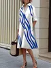 Casual Dresses Lemongor Female Stylish Striped Printed Long Sleeves Lapel Elegant Evening Dress Spring Autumn Loose Office Work Midi