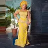 Feestjurken vintage gele kant aso ebi jurk Afrikaanse vrouwen formeel prom lange mouwen plus maat nigeriaanse trouwjurken op maat gemaakt