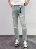 Jeans rasgados de moda Pantalones de mezclilla por tramo de mezclilla High Street Slim Fit Light Blue Hop Jeans Streetwear pantalones 240403