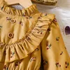 Girl Dresses Children Dress for Girls da 4 a 7 anni con increspatura a maniche lunghe con stampa floreale giallo inverno in inverno con borsa a tracolla