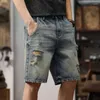 Herren Jeans Sommershorts Männer Denim Ripped Hip Hop Baggy Hosen Knie Länge ausgefranste hellblaue, lockere Fit breites Bein