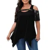 Plus size t -shirt zomer hollow out koude schouder korte mouw korte mouw onregelmatige zoom stevige kleur losse vrouwen top streetwear 240412