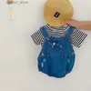 Rompers sommar nya kläder småbarn baby denim romper spädbarn flickor pojkar ärmlös solid knapp stängning bodysuit jumpsuit totalt 0-24m l410