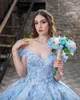 Glitter Tulle Quinceanera Dresses Floral 3D Flowerapplique Crystal Beads قبالة كتف مشد الظهر Sweet 16 Dress Graduation Pageants Long