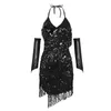 Cocktailklänningar solid färg halterneck glitter glittrande paljett tassel höft wrap bodycon svart klänning för kvinnor elegant 240416