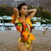 2024 Floral Tryckt Deep V-hals Ruffle Swimsuit Push Up Swimsuit Beach Wear Backless Monokini Beach Wear Swim Suit 240315