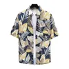 Camisas casuais masculinas Camisa curta de manga curta estampa de folha tropical com mangas colar de peito único para férias