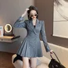 Robes décontractées Vintage Elegant College Style Double Breasted Pleed Business Suit and Dress Women Vestido de Mujer Femme Robe