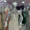 Parti Elbiseleri Lüks Gümüş El Yapımı Kristaller Uzun Prom Denizkızı Söndürülebilir Boyun Tül İncileri Sıralı Sırtsız Seksi Elbise
