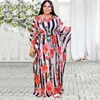 Etniska klädbobo afrikanska klänningar för kvinnor V-krage långärmad maxi femme vestidos kaftan blommor tryck strip sommar design mantel klänningar