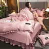 Korean Luxury Washed Ice Silk 4pc Set Pure Color Spring And Summer Silky Nude Sleeping Pillowcase Lace Quilt Cover Bed Skirt 240403