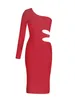 Casual Dresses High Quality Red Sexy Hollow Out One Shoulder Long Sleeve Women's BodyCon Bandage Dress 2024 Elegant Evening Party