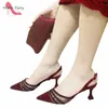 Dress Shoes Wine Color Design And Bag Set Decorate With Rhinestone 8 CM Comfortable Heels Pumps For Wedding