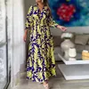 Lässige Kleider drucken a-line Partykleid Frauen Mode Herbst V-Ausschnitt Rüschenhülle Maxi Elegante Damen Bohemian Long Vestidos