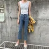 Kvinnors jeans flare kvinnor slits mager denim koreansk stil ungdomlig vitalitet stilfull hipster frayed gör gammal blekt stretchig vår sommar