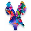 2024 Floral Tryckt Deep V-hals Ruffle Swimsuit Push Up Swimsuit Beach Wear Backless Monokini Beach Wear Swim Suit 240315