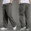 Men Cargo Pants Spring Fall Elastic Waist Drawstring Casual Loose Large Pocket Male Straight Wide Leg Trousers 240415