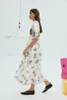 Trendy 2024 Summer New Designer Dress Linen Print Bubble Sleeves Holiday Style Mid length Dress