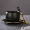 Mokken luxe zwart gouden keramische koffiebeker espresso thee ontbijt melk en schotel set met lepel geschenkdoos