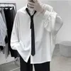 Men's Casual Shirts Black Long-sleeved Men Korean Comfortable Blouses Loose Single Breasted Shirt With Tie 24416