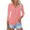 Camisas femininas de verão moda de verão casual cor de cor sólida impressa em vaca de sete pontos Button top blouse da camisa de colarinho