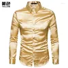 Мужские рубашки для мужских шелк Silk Satin Plome Solid Puxedo Business Shirt Casual Slim Fit Shiny Gold Wedding Blounes