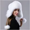 Trapper hattar naturlig pur rysk hatt med öron ushanka kvinnor vinter varma fluffiga eleganta kvinnliga svansmössa mode riktiga 221129 drop dha49