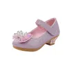 Chaussures en cuir des filles, talons hauts, performance 2024, robe à chaussures simples en cristal, émission de piste modèle, chaussures Bow Princess, chaussures pour enfants