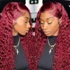 Brésilien 99J Bury 40 pouces onde de profondeur perruque frontale 13x4 Garnet Red Curly Lace Front SIMUMEME HEUR HEIR WIGS PRÉSCULÉS S