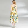 Casual jurken Franse vrouwen met een enkele borsten bloem print gele vakantie midi jurk 2024 zomer spaghetti riem sexy backless boho vestidos